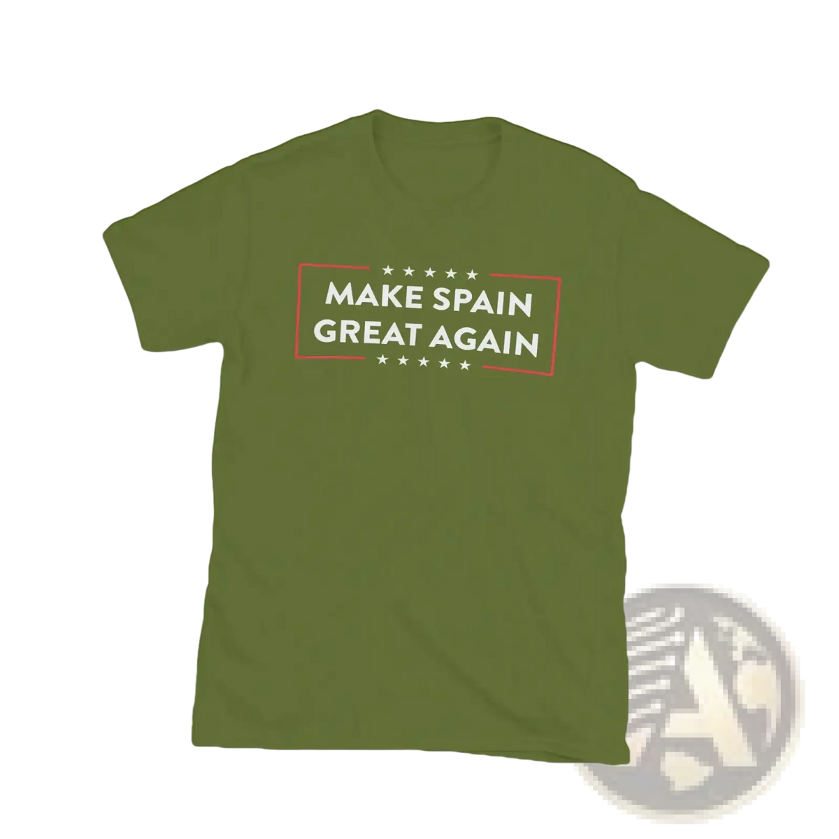Olive green cotton make spain great again short-sleeved t-shirt with white text inside red star-adorned border