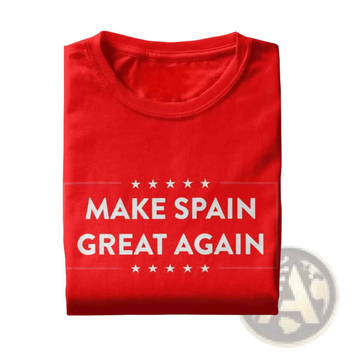 A vibrant red cotton t-shirt with bold white make Spain great again text framed by stars