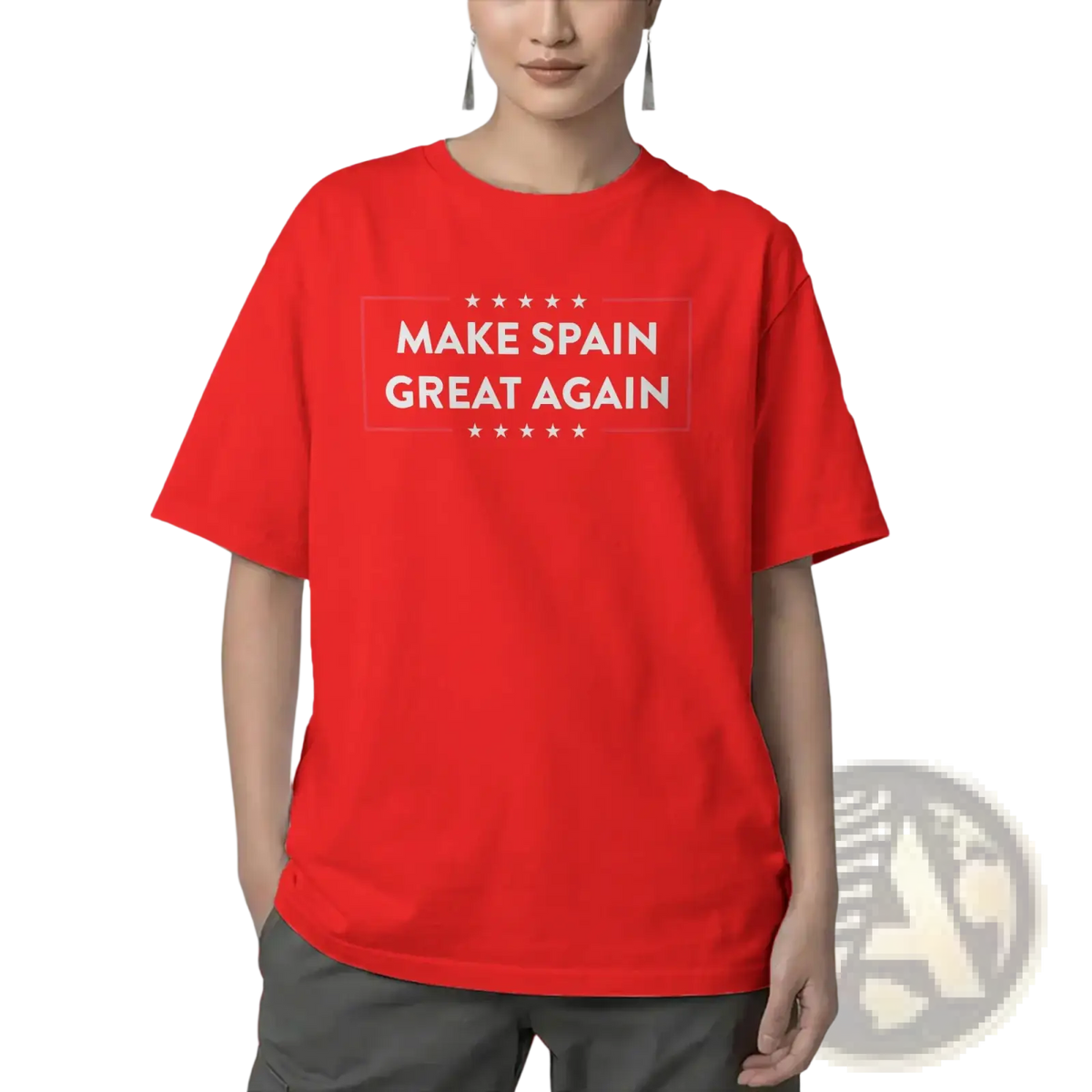 A vibrant red oversized cotton t-shirt with make Spain great again phrase in bold white letters framed by stars