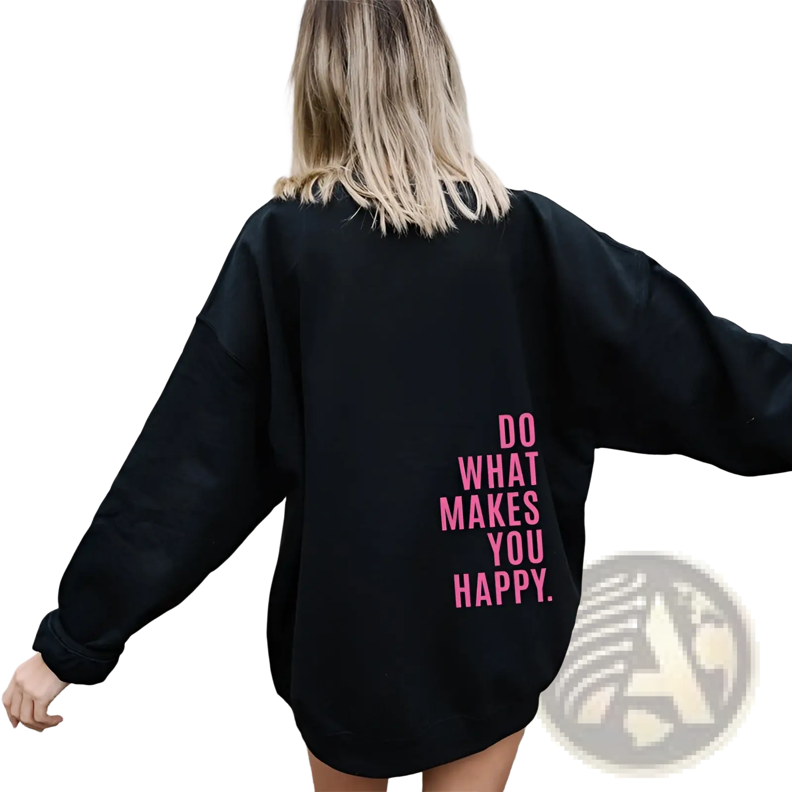 Back view of black oversized streetwear hoodie with pink do what makes you happy text on the back