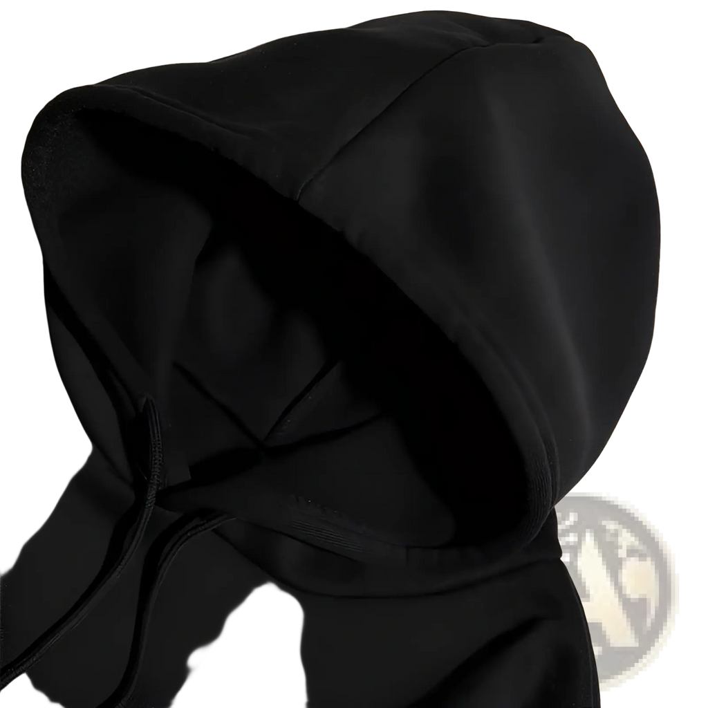 Black hooded oversized streetwear sweatshirt with soft textured fabric and matching drawstrings for comfort and style