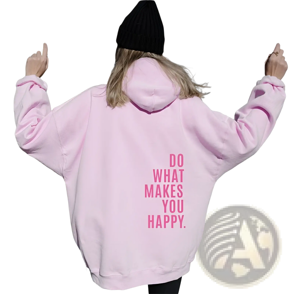 Back view of a soft pink oversized streetwear hoodie with bold vertical do what makes you happy graphic