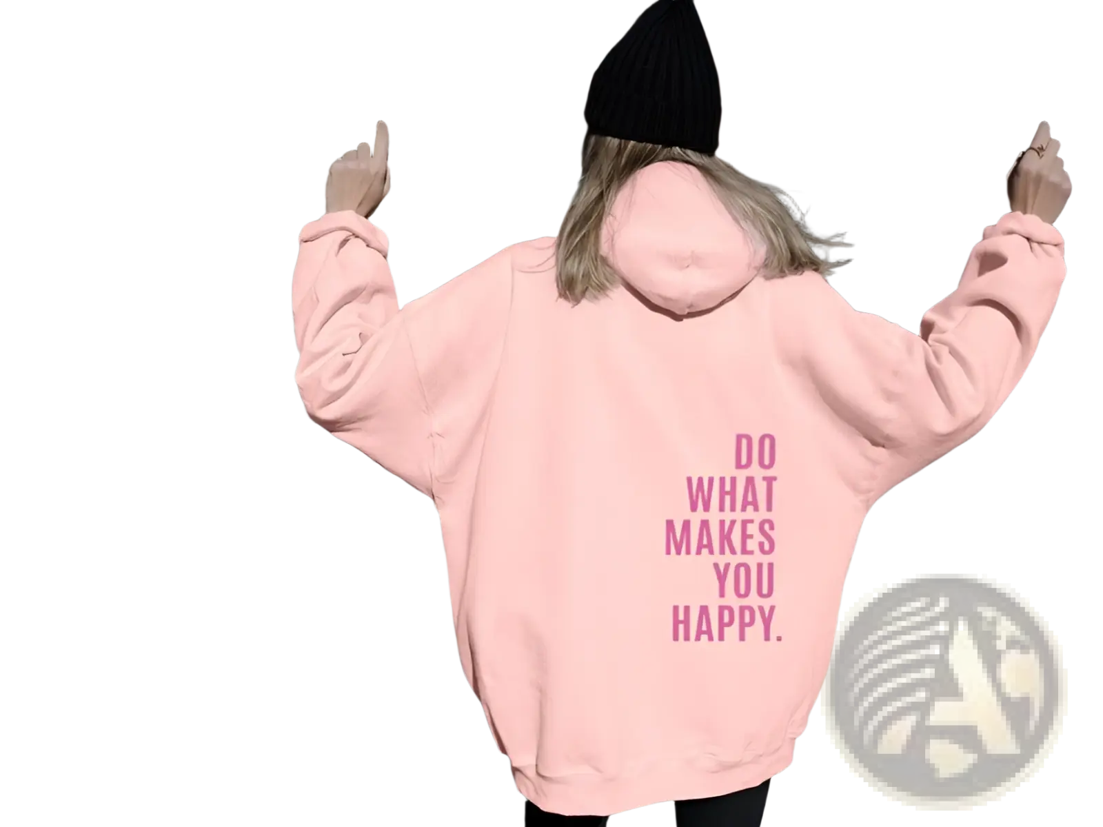 The back of a soft pink oversized streetwear hoodie with bold vertical do what makes you happy text print