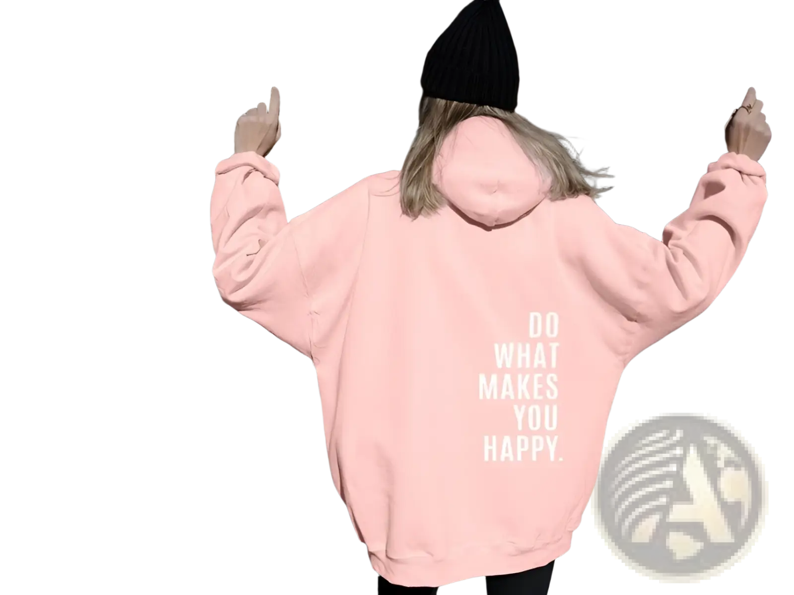 Pink oversized streetwear hoodie made of soft fabric with white text do what makes you happy on the back side