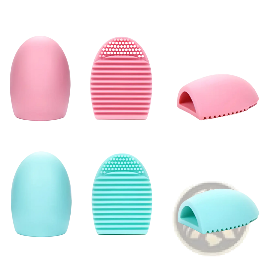 Makeup brush cleaner silicone egg scrubbing tool with pink and teal textured eyelash curler applicators for precise use