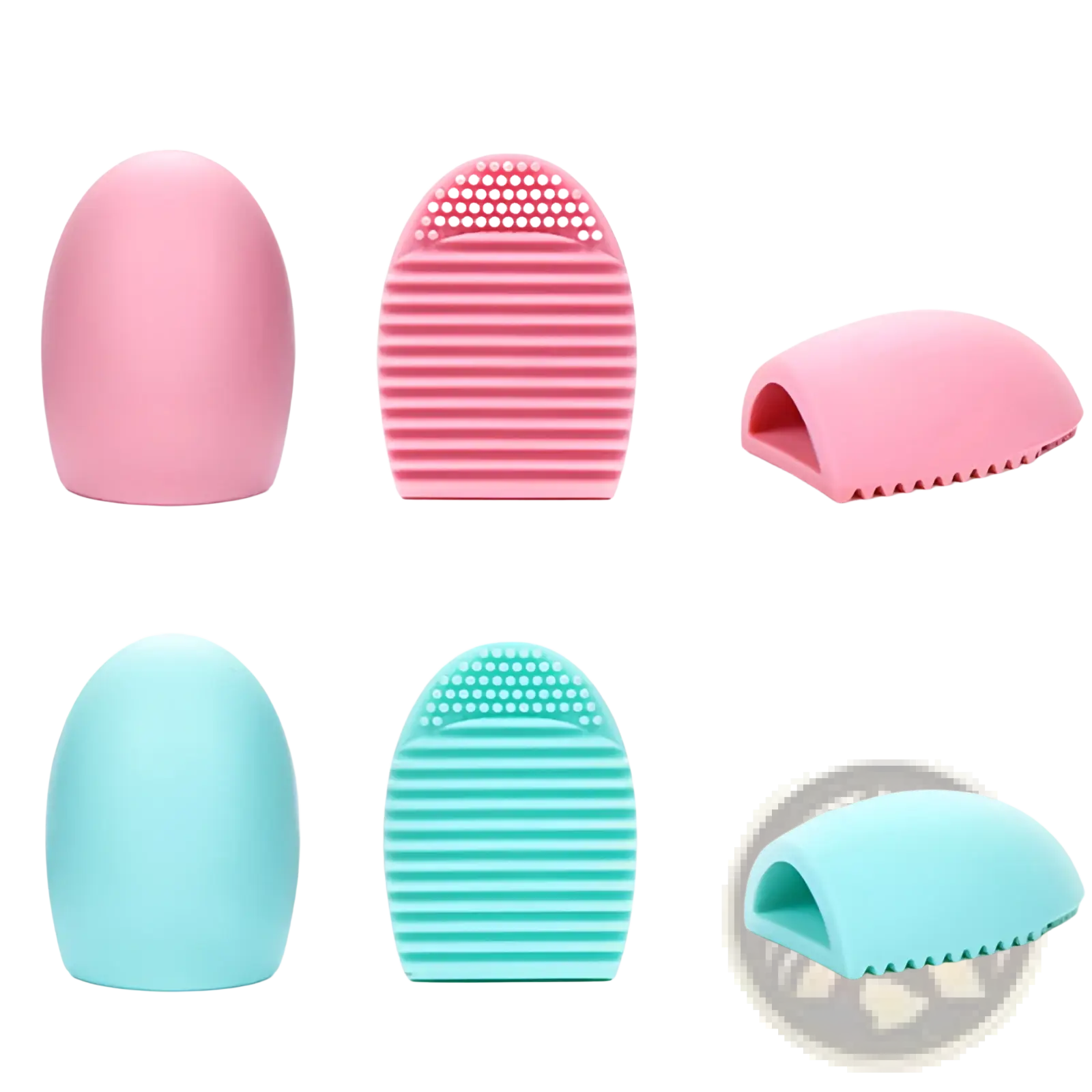 Makeup brush cleaner silicone egg scrubbing tool with pink and teal textured eyelash curler applicators for precise use