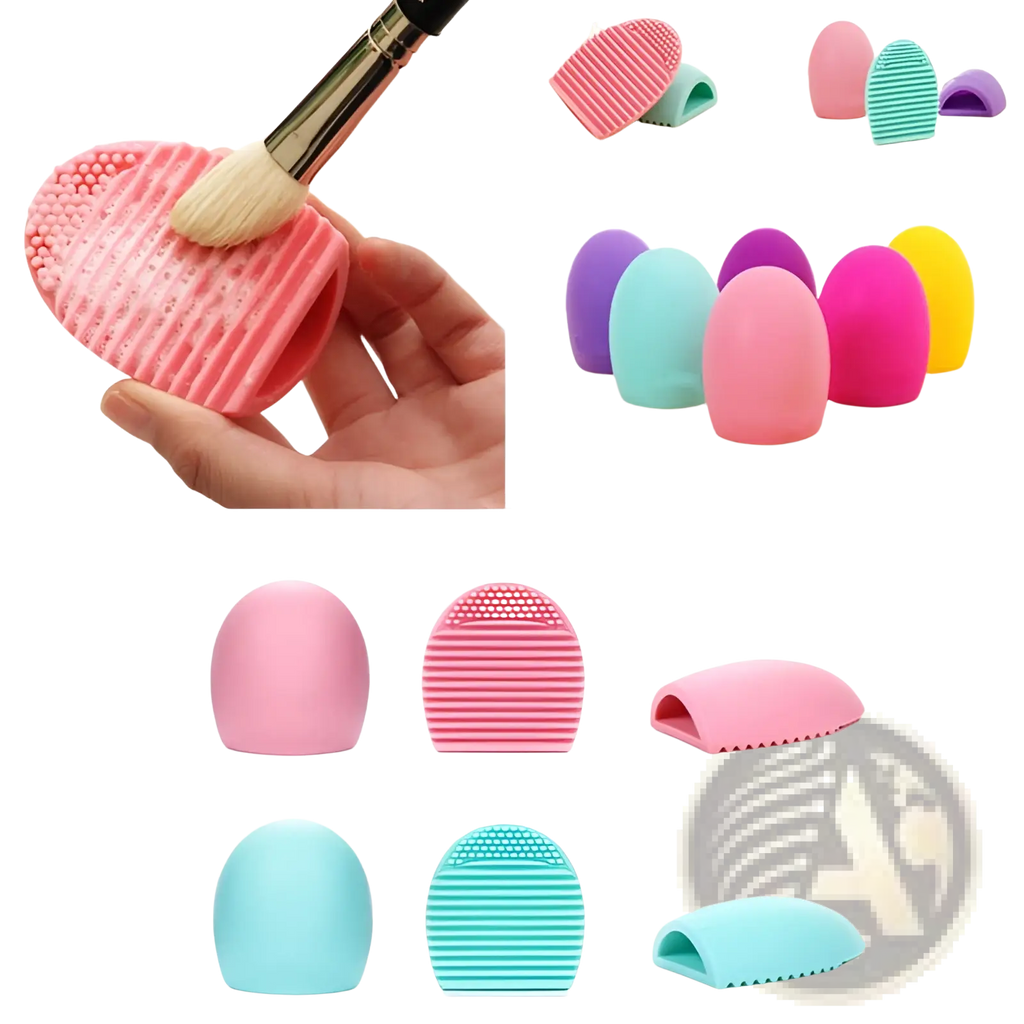 Pink silicone egg-shaped makeup brush cleaner with ridged textured surface for gentle eyelash brush scrubbing