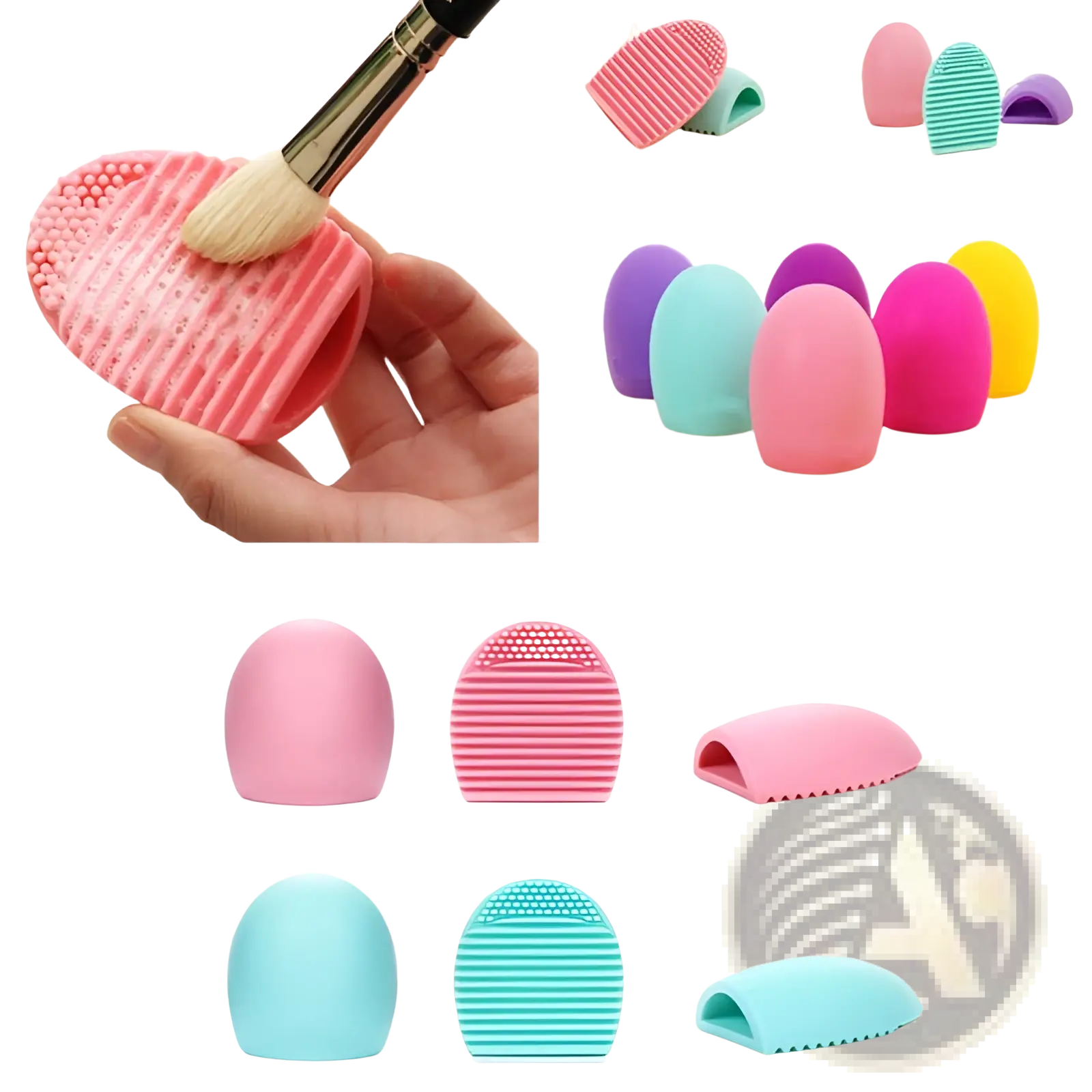 Pink silicone egg-shaped makeup brush cleaner with ridged textured surface for gentle eyelash brush scrubbing