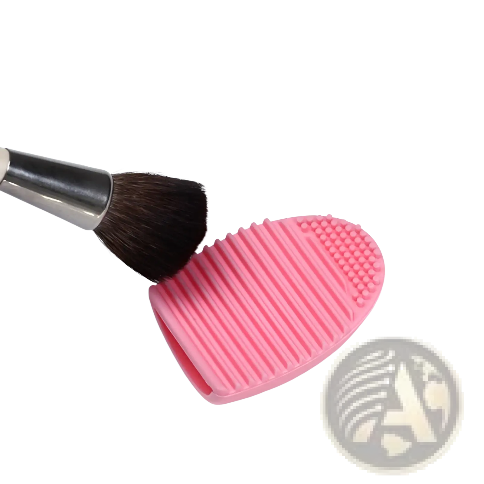 Pink silicone eyelash brush cleaner with ridged and dotted texture for makeup brush cleaning and scrubbing