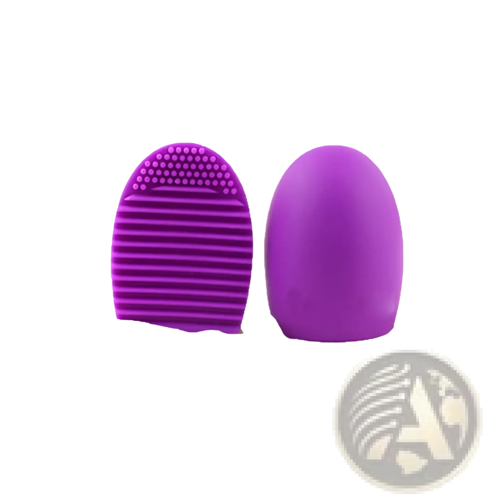 Purple silicone makeup brush cleaner egg scrubbing tool with ridged bristles and rounded handle for eyelash brushes
