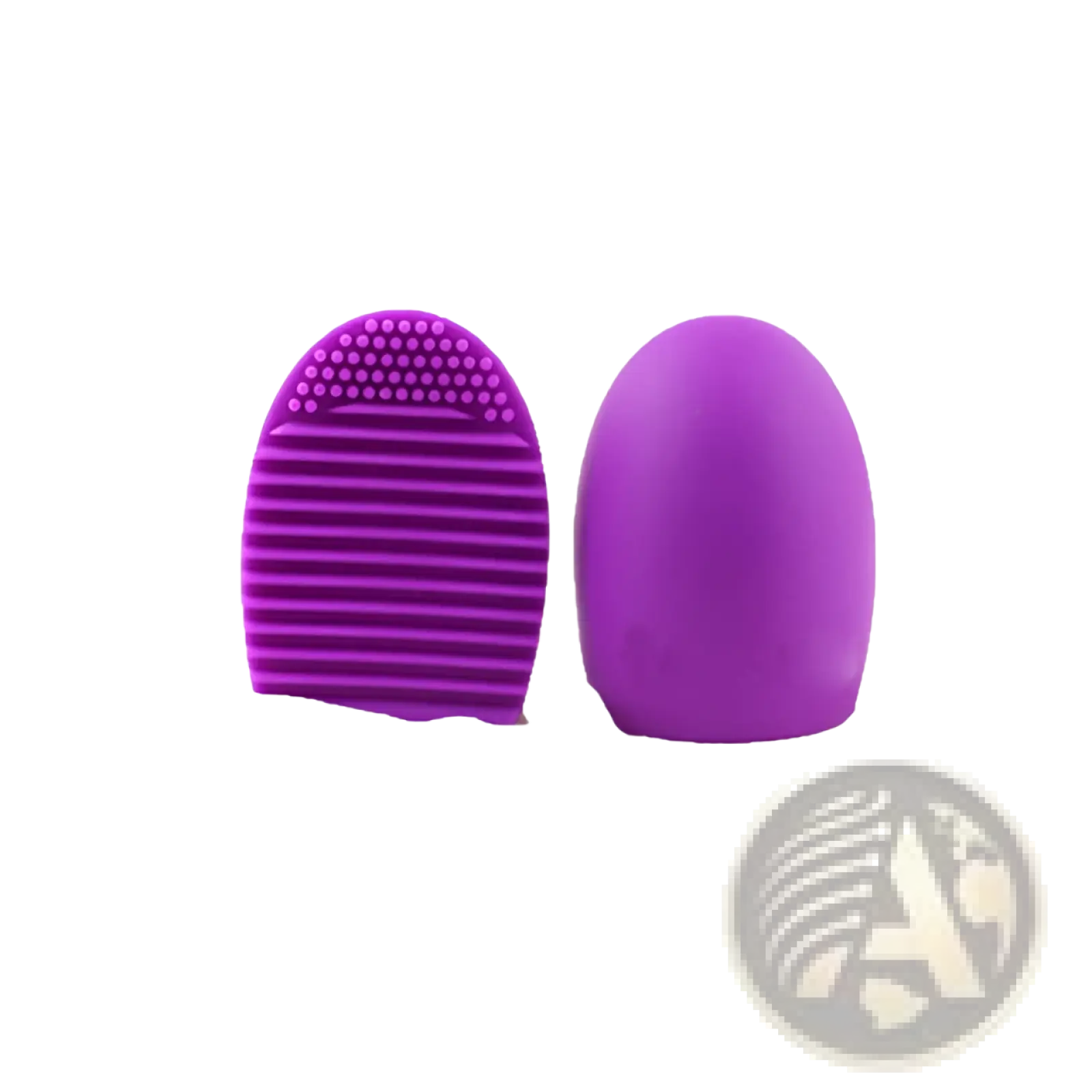 Purple silicone makeup brush cleaner egg scrubbing tool with ridged bristles and rounded handle for eyelash brushes