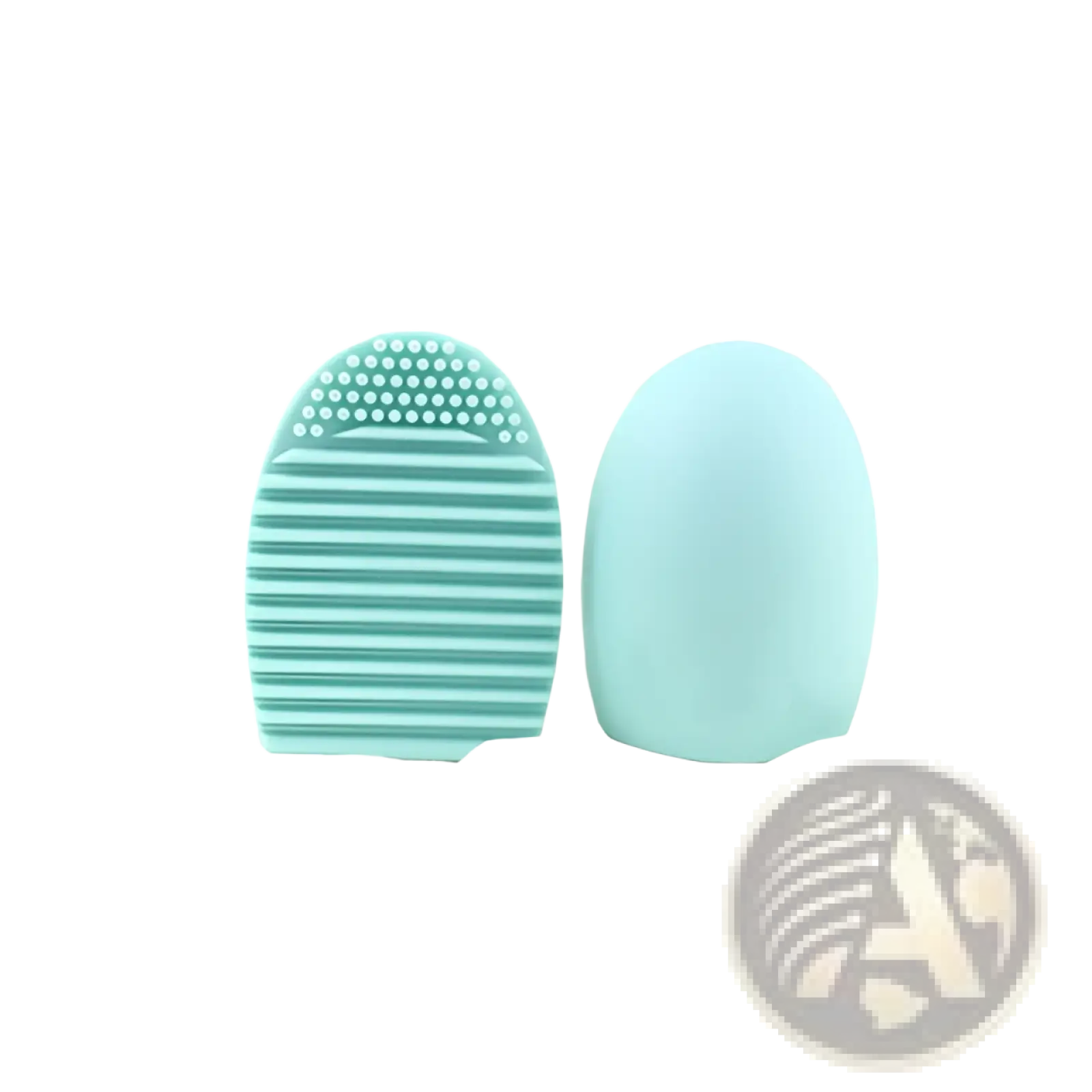 Light blue silicone makeup brush cleaner egg scrubbing tool with textured striped surface for gentle eyelash removal