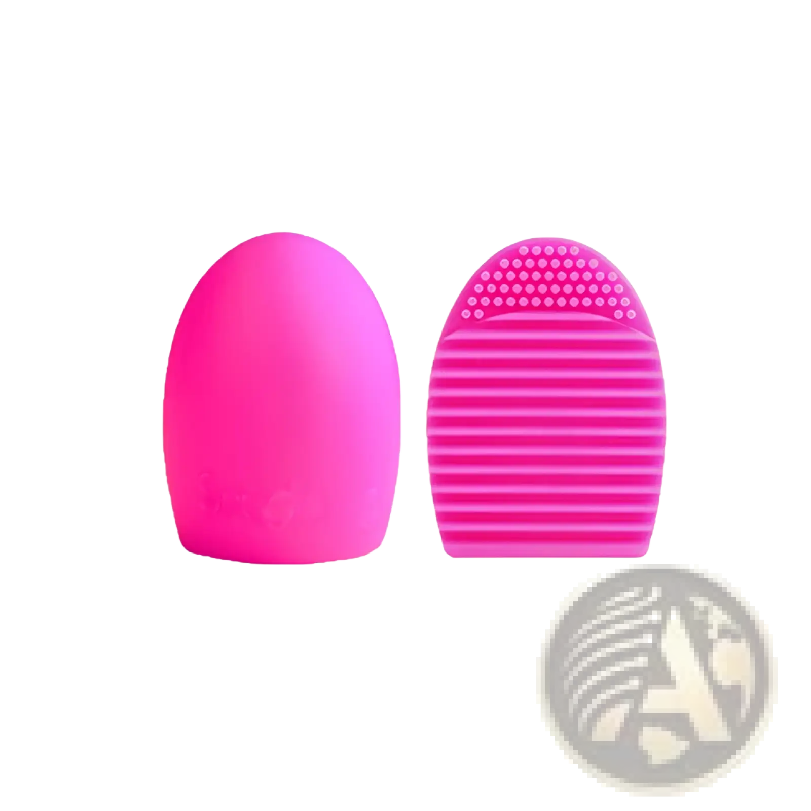 Bright pink silicone makeup brush cleaner egg scrubbing tool with smooth and ridged surfaces for gentle cleansing