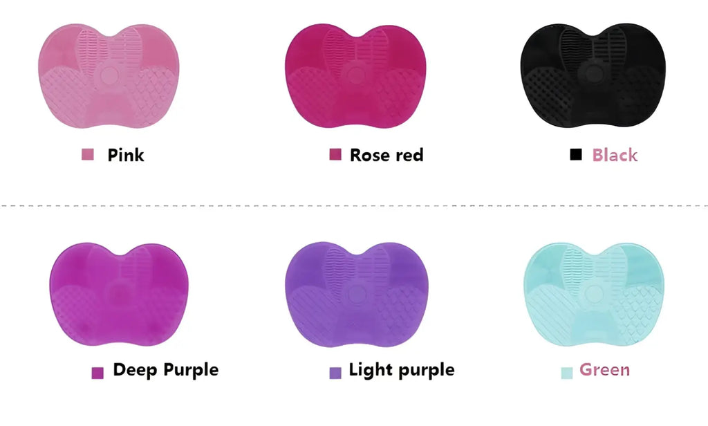 Makeup brush cleaning mat heart shaped silicone pad in pink rose red black deep purple light purple and green colors
