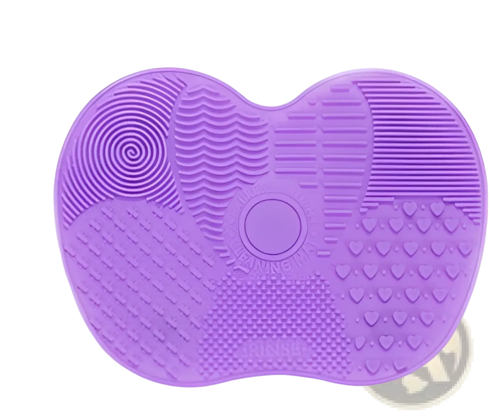 Purple silicone makeup brush cleaning mat with heart shaped textured patterns and spiral and wavy lines design