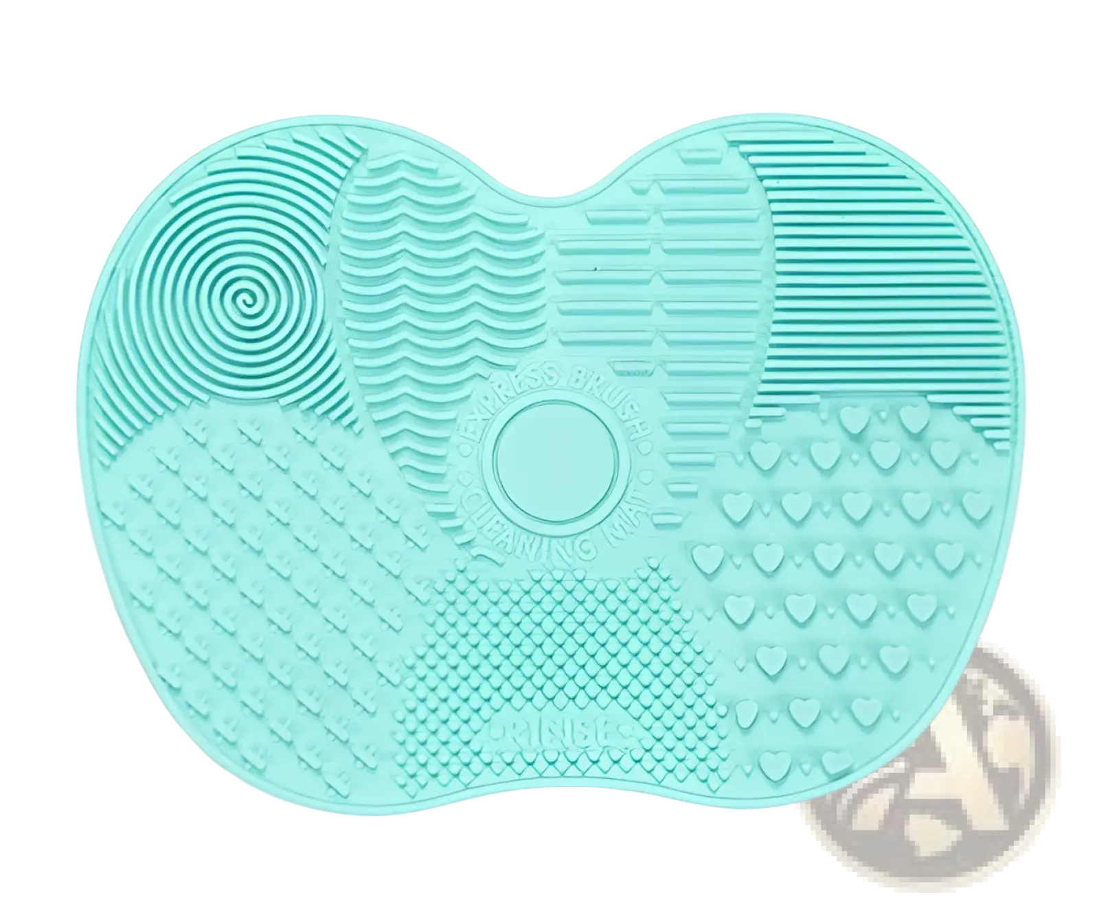 A mint green silicone makeup brush cleaning mat with heart shapes spirals and wavy line textures