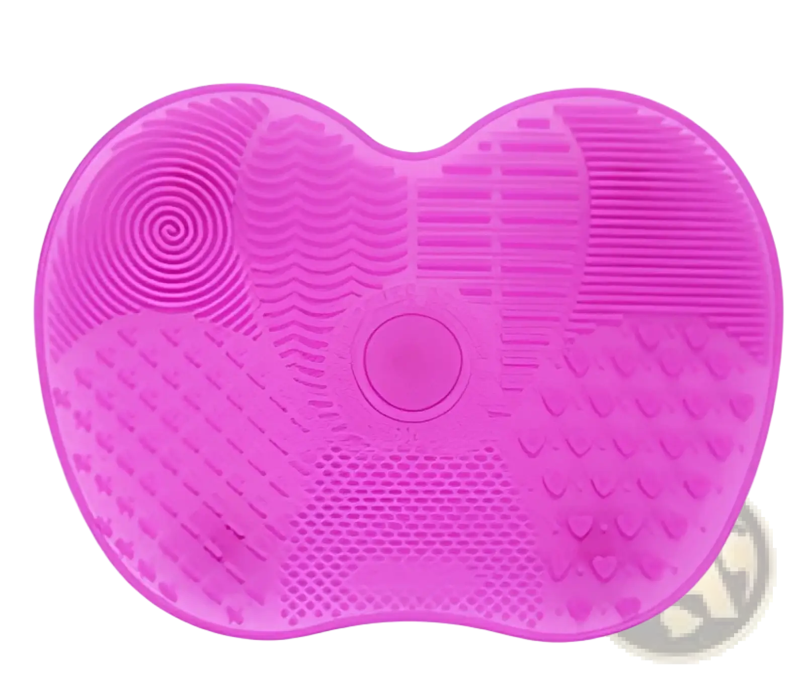 Pink silicone makeup brush cleaning mat with heart-shaped design and textured patterns for efficient brush cleaning