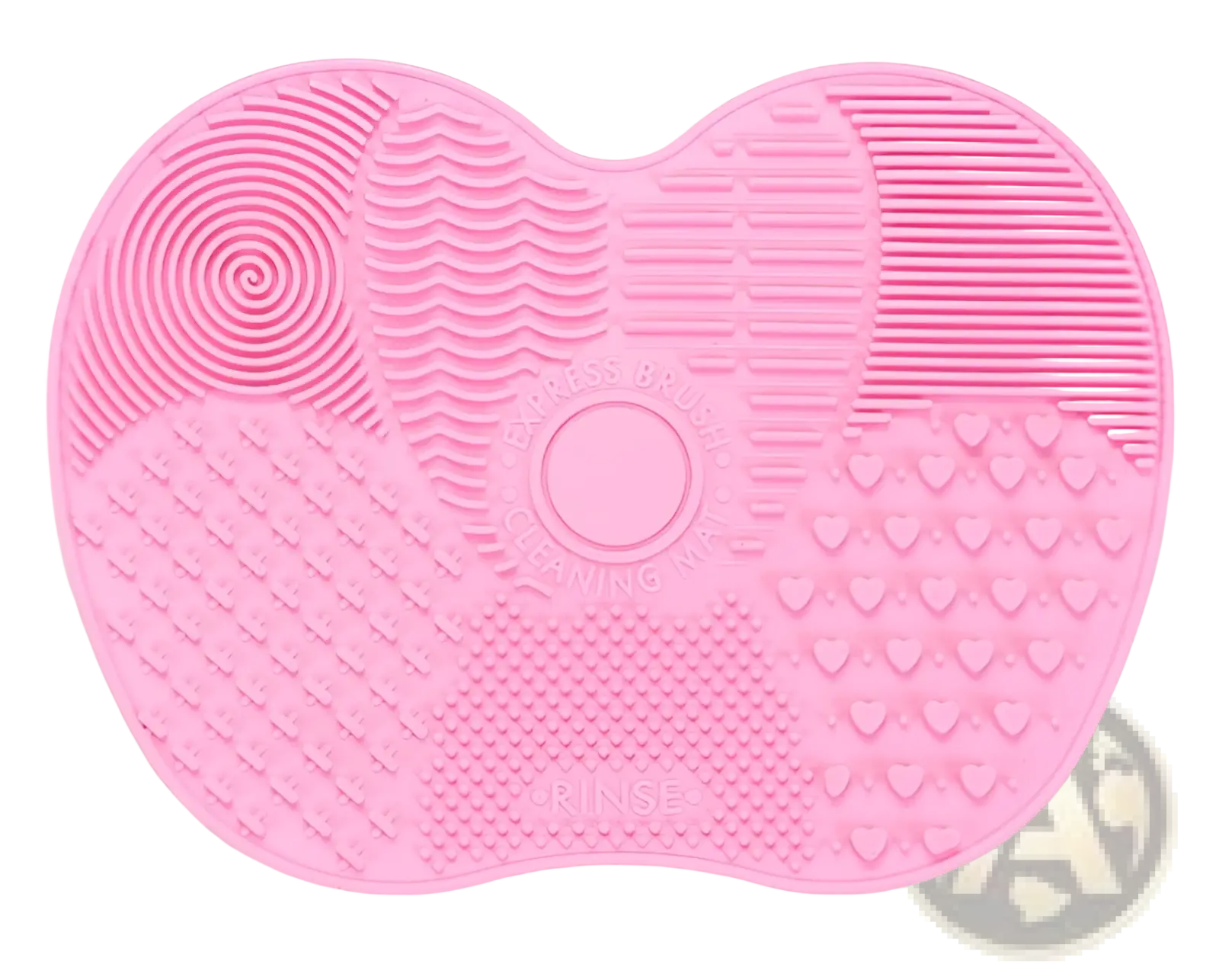 Pink silicone makeup brush cleaning mat with heart shape and textured patterns including spirals and wavy lines