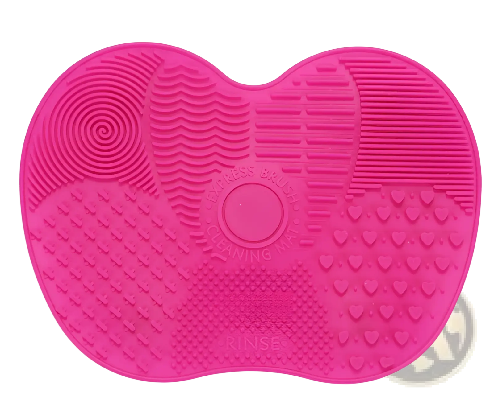 Pink silicone makeup brush cleaning mat featuring textured patterns and heart-shaped design for effective cleaning