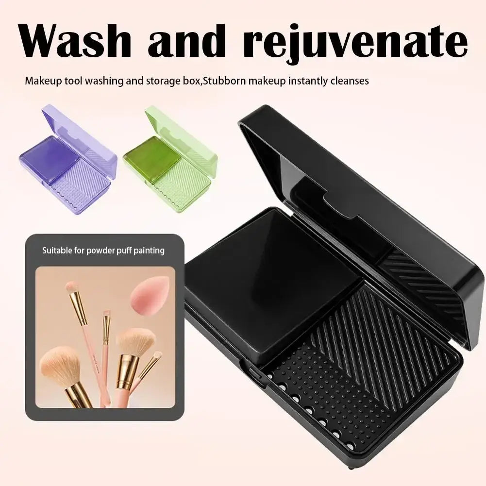 Black plastic makeup brush cleaning soap box with textured interior for washing and storage of brushes