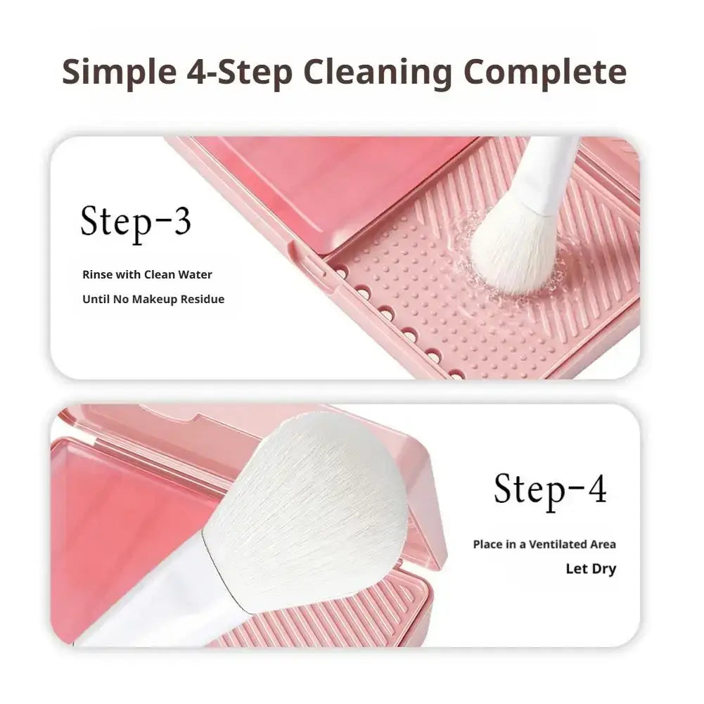 Pink plastic makeup brush cleaning soap box with textured ridges and circular drainage holes for effective cleaning