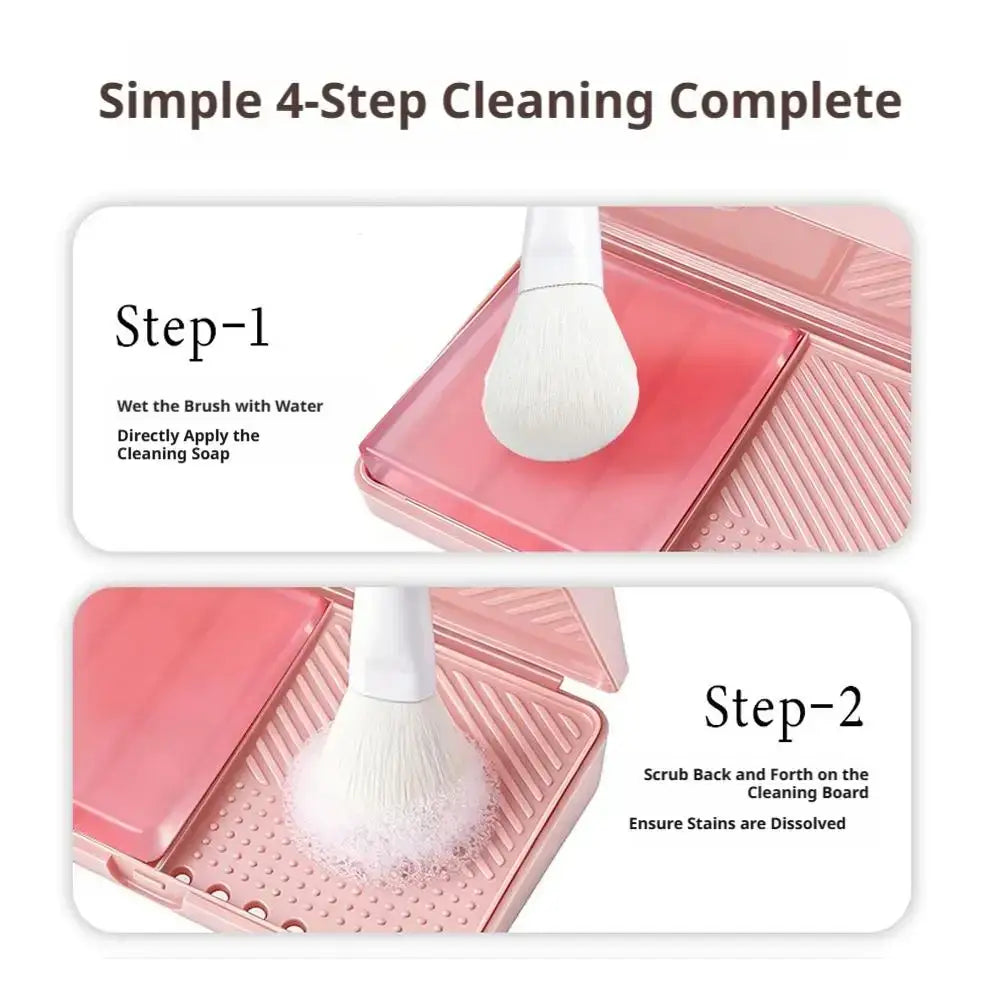 Pink plastic makeup brush cleaning soap box with textured surface and compartments for portable brush care
