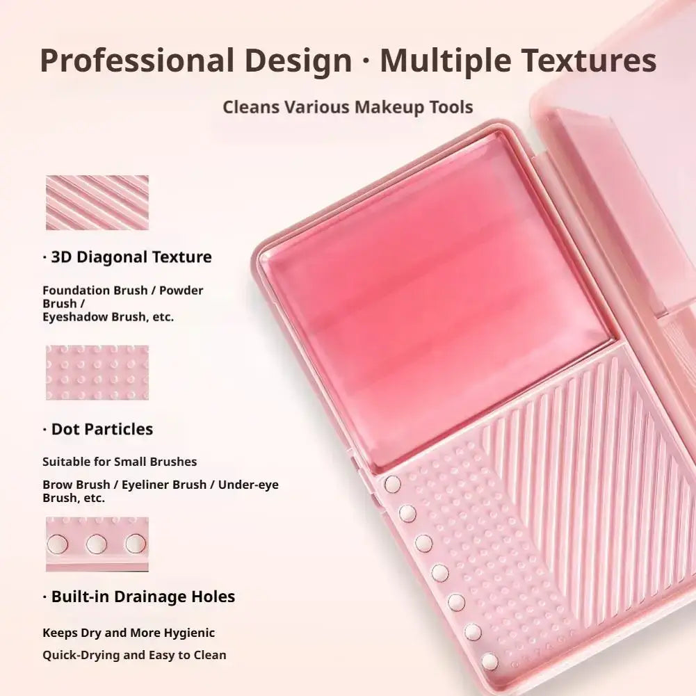 Pink plastic makeup brush cleaning soap box with 3d diagonal texture and dot particles for various brushes
