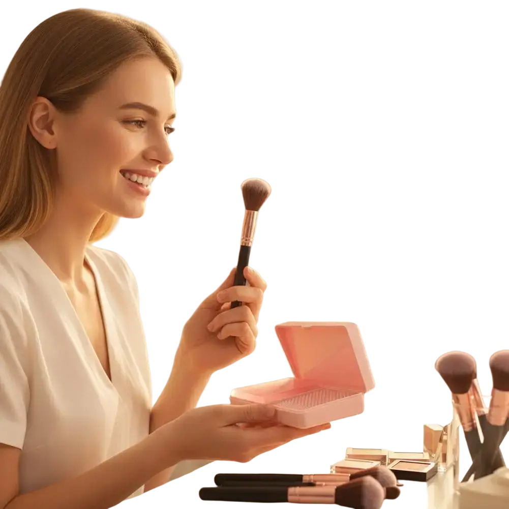 Pink rectangular makeup brush cleaning soap box with hinged lid and textured interior for portable tool use