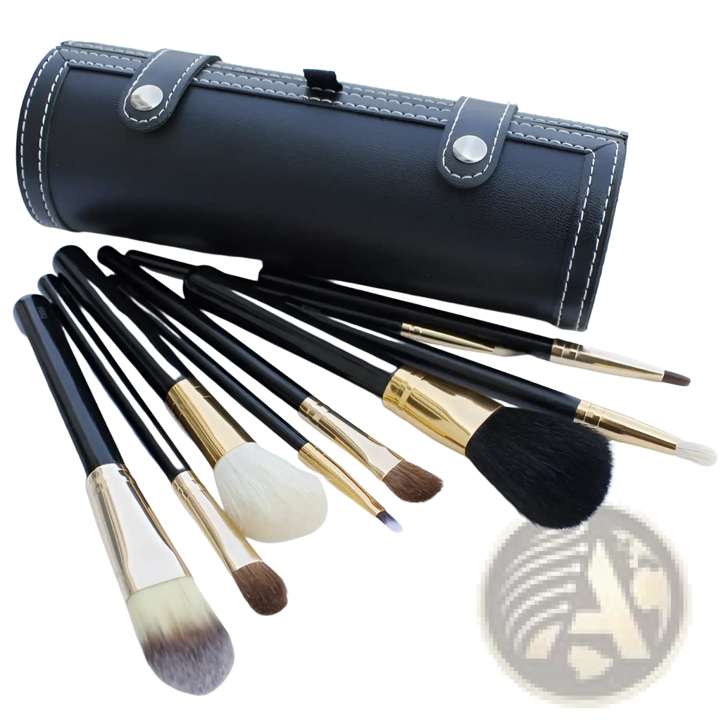 Makeup brush set 10 piece gold and black with various bristles housed in a sleek black leather case