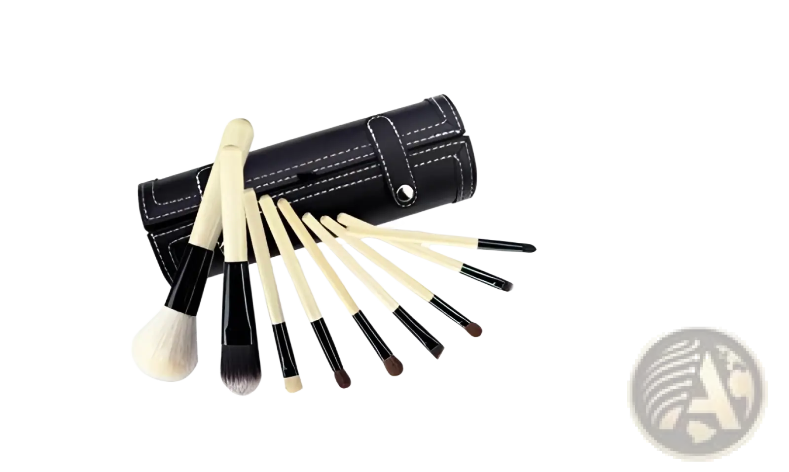 Set of eight makeup brushes with cream handles and black ferrules in a black leather case from a 10 piece gold and black set