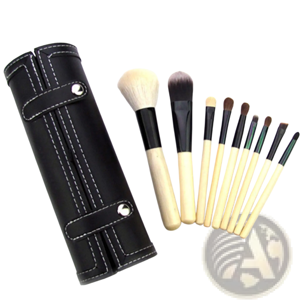 Set of eight makeup brushes with natural wood handles and black ferrules in a black leather case