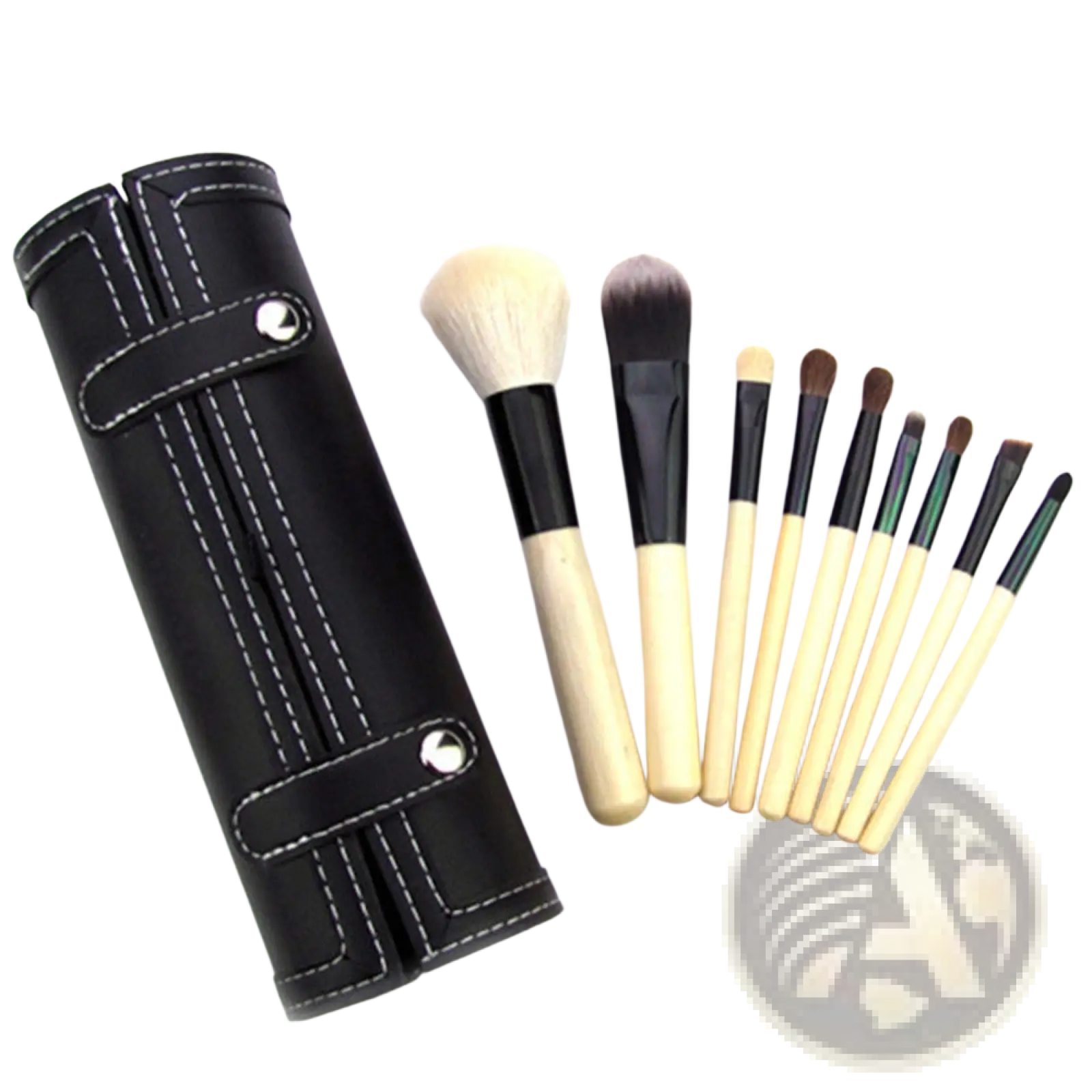Set of eight makeup brushes with natural wood handles and black ferrules in a black leather case