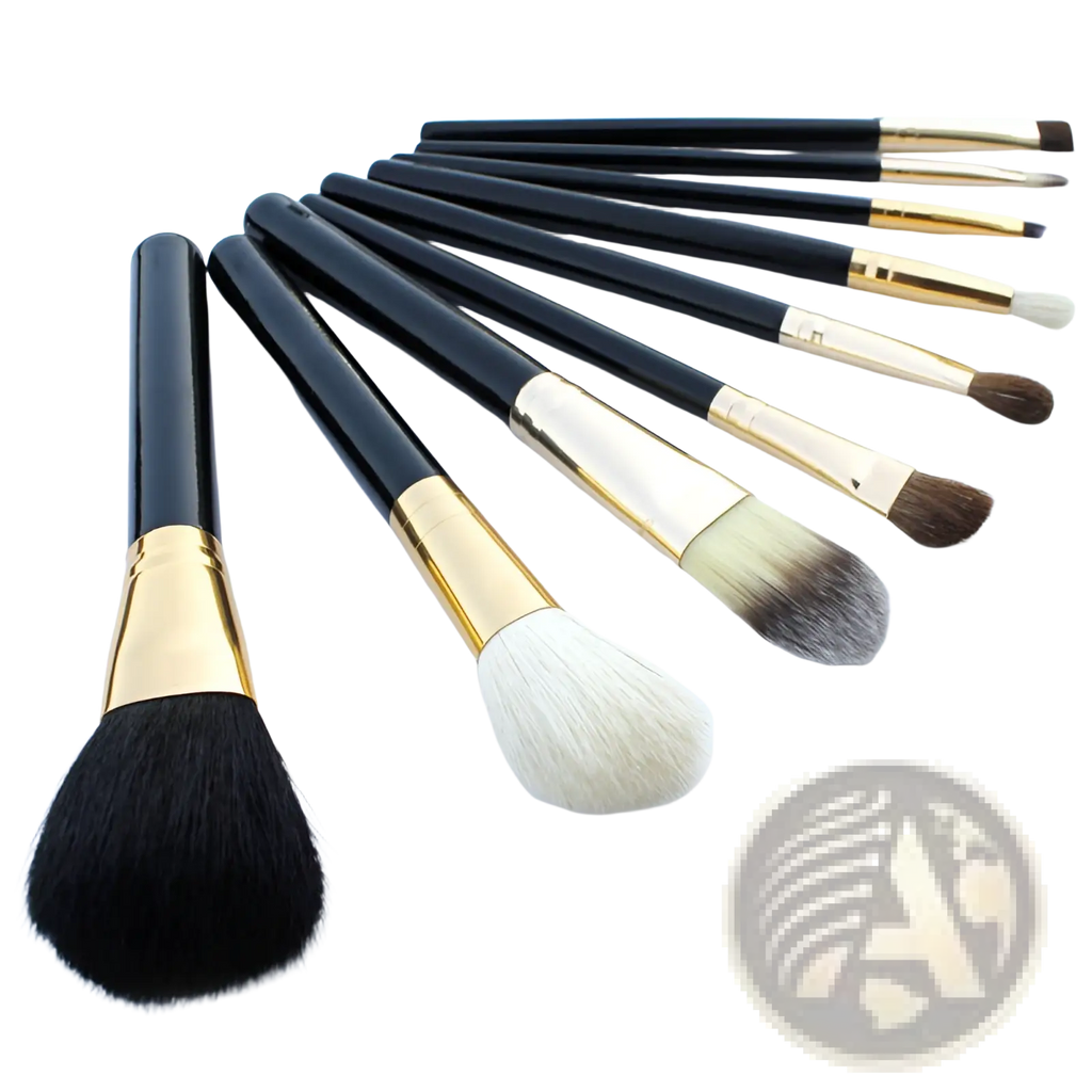 Set of 10 black and gold makeup brushes with varying bristle types and sizes in a matching case