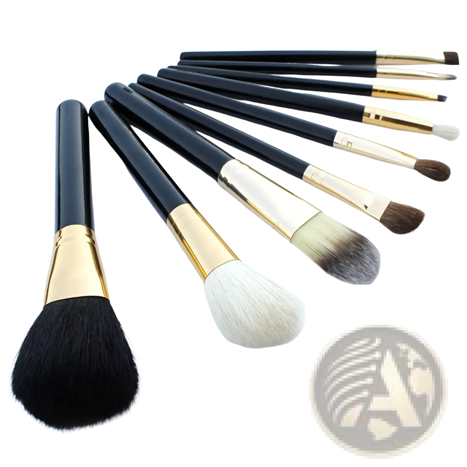 Set of 10 black and gold makeup brushes with varying bristle types and sizes in a matching case