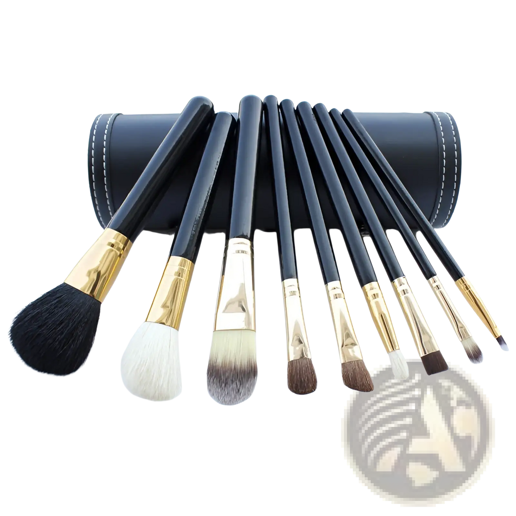 Set of eight black and gold makeup brushes with varying bristles arranged in front of a black leather case