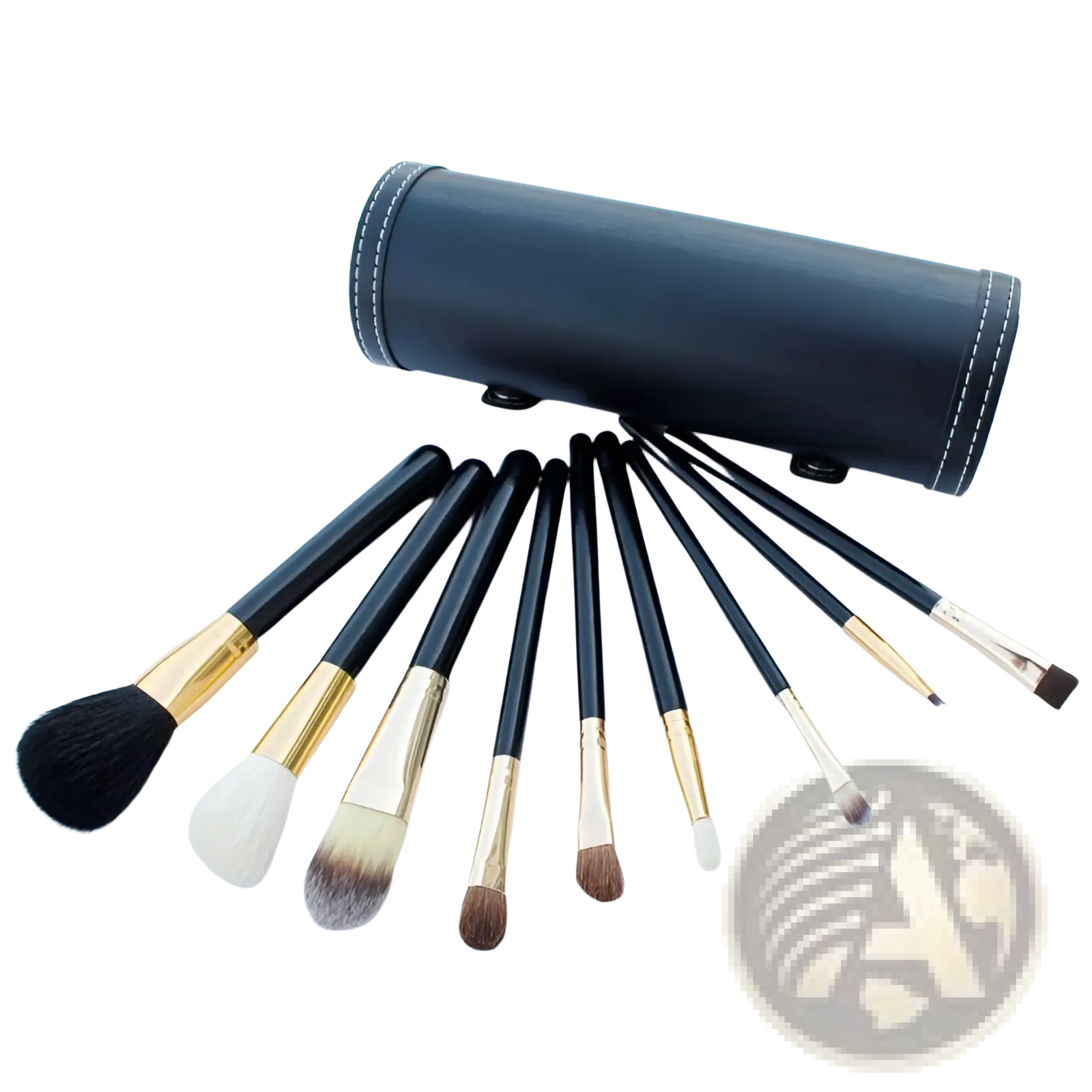 Set of ten black and gold makeup brushes with various bristle types arranged in front of a black leather case