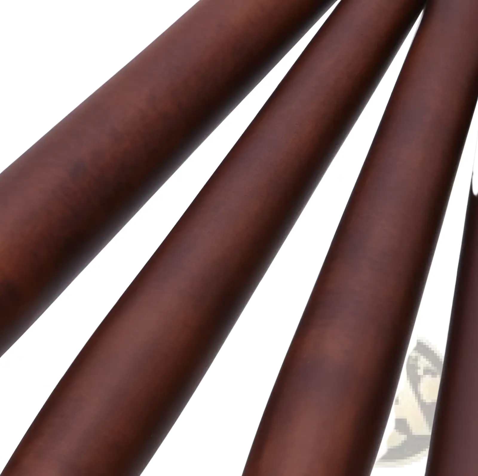 Dark brown wooden dowels with smooth polished finish in a professional silver wood 10 piece makeup brush set