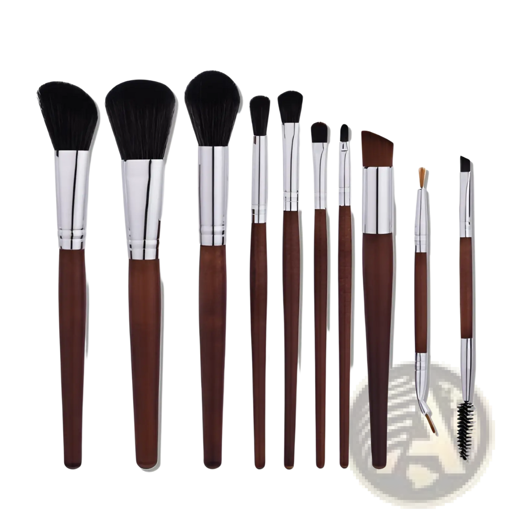 Makeup brush set 10 piece professional silver wood with dark brown wooden handles and black synthetic bristles