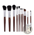 Makeup brush set 10 piece professional silver wood with dark brown wooden handles and black synthetic bristles
