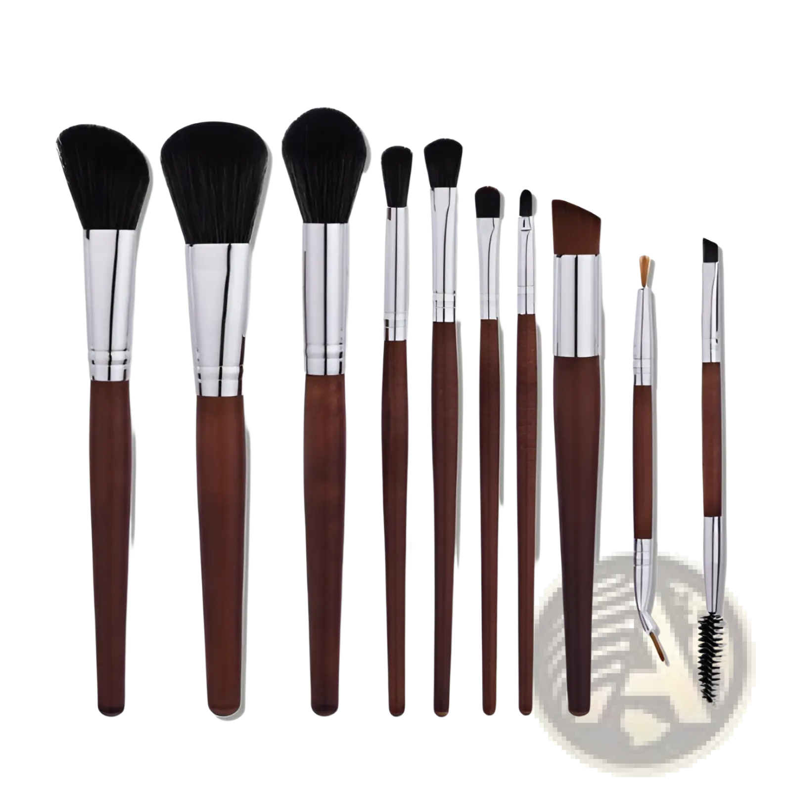 Makeup brush set 10 piece professional silver wood with dark brown wooden handles and black synthetic bristles