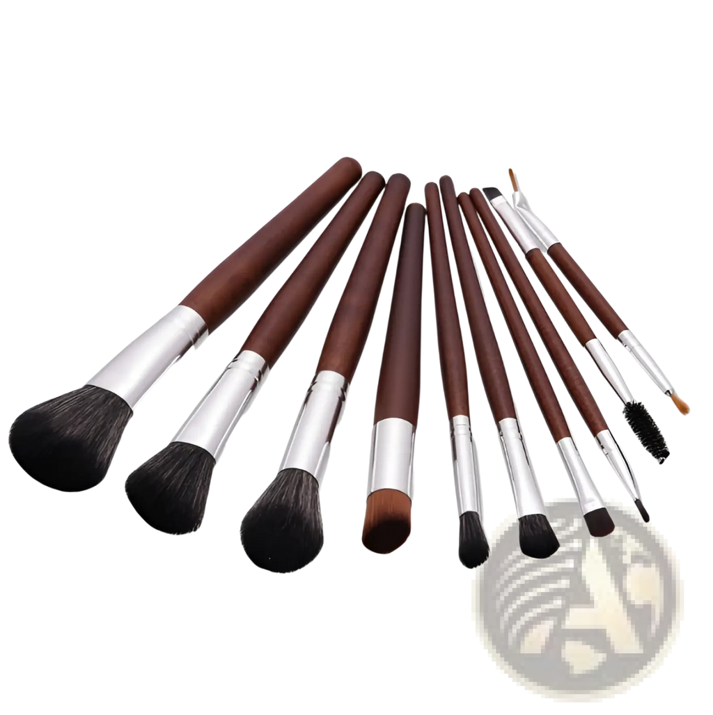 Makeup brush set 10 piece professional silver wood with dark brown wooden handles and black synthetic bristles in various shapes