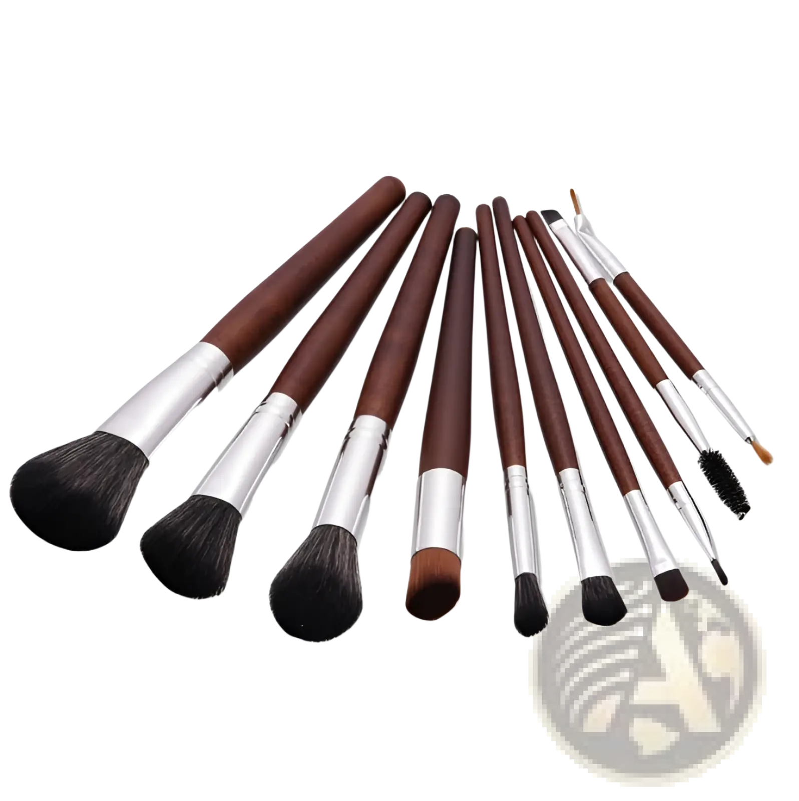 Makeup brush set 10 piece professional silver wood with dark brown wooden handles and black synthetic bristles in various shapes