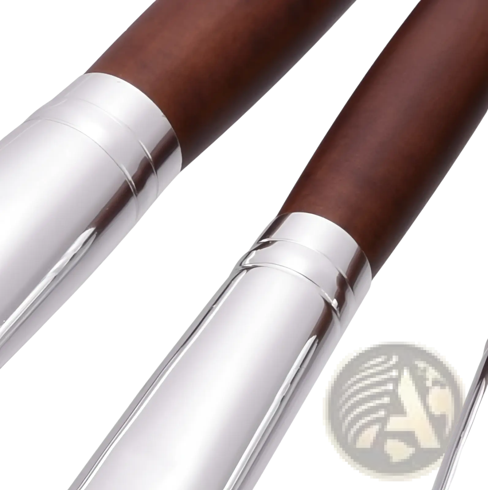 Brown wooden-handled pens with polished silver metallic barrels and matching bands from a makeup brush set 10 piece professional silver wood