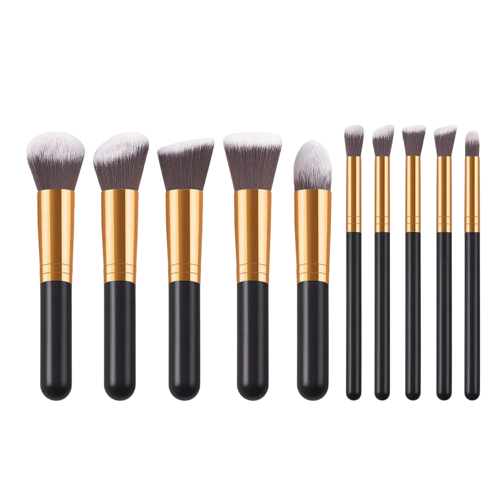 Set of ten professional synthetic makeup brushes with black and gold handles and soft varying shape bristles