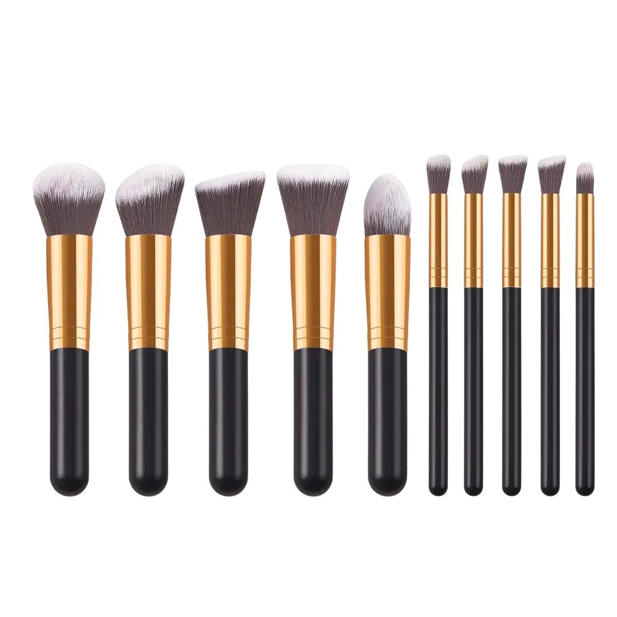 Set of ten professional synthetic makeup brushes with black and gold handles and soft varying shape bristles