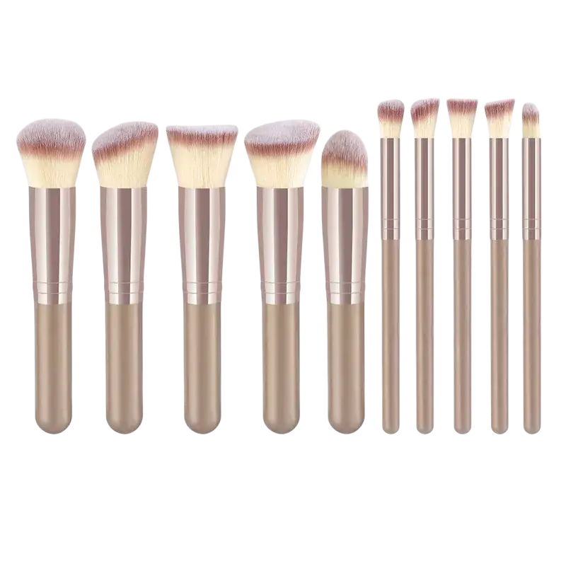 Set of ten professional synthetic makeup brushes with rose gold handles and soft beige tapered bristles