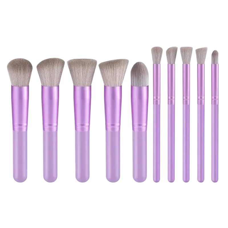 Set of ten lavender makeup brushes with metallic handles and soft synthetic bristles for professional cosmetics use