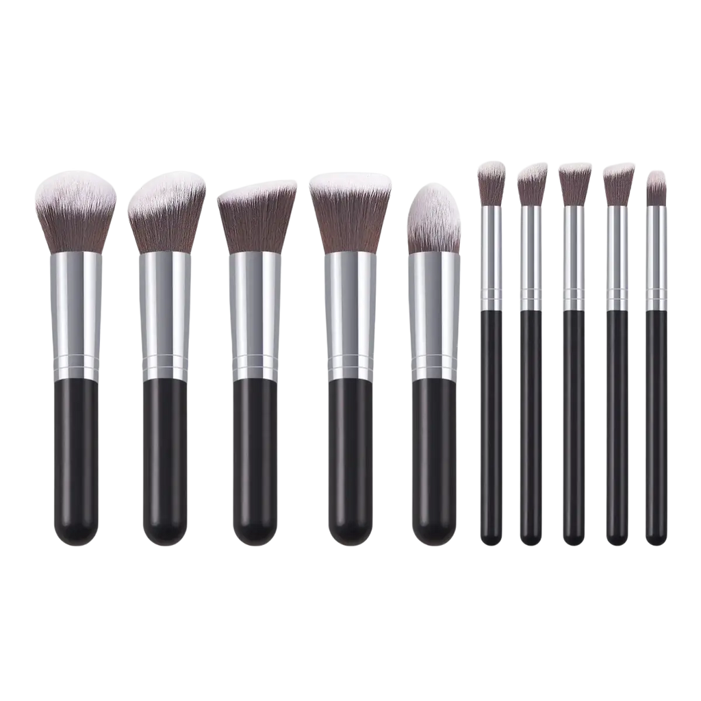 Set of ten professional makeup brushes with black silver handles and soft synthetic bristles for diverse application techniques