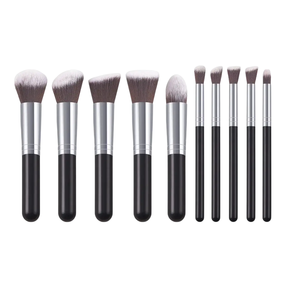 Set of ten professional makeup brushes with black silver handles and soft synthetic bristles for diverse application techniques