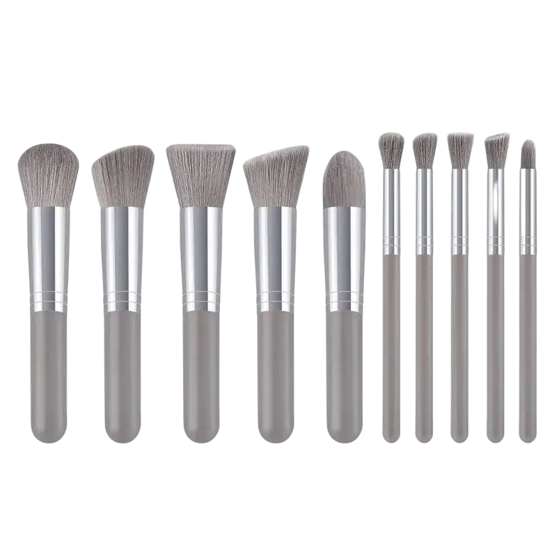 Set of ten gray and silver professional synthetic makeup brushes with a sleek modern design for cosmetics application